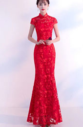 Red Lace Fishtail Qipao / Cheongsam Wedding Dress