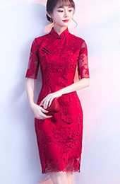 Wine Red Lace Overlay Qipao / Cheongsam Dress