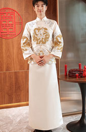 Champagne Embroidered Mens Dragon Wedding Suit, Jacket & Skirt
