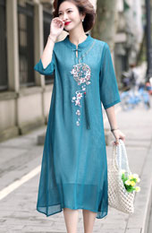 Blue Pink Mothers Embroidered Chiffon Qipao / Cheongsam Dress