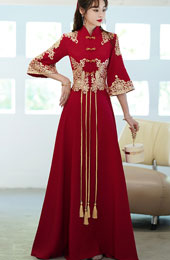 Red Fit & Flare Appliques Qipao / Cheongsam Wedding Dress with Bell Sleeve