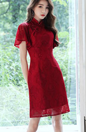 Burgundy Lace Wedding Qipao / Cheongsam Dress with Flutter Sleeve