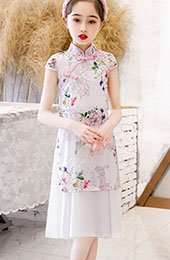 Floral Chiffon Kid Girls Cheongsam / Qipao Dress with Frill Hem