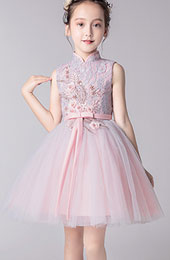 Pink Embroidered Flower Girl Tulle Qipao / Cheongsam Dress