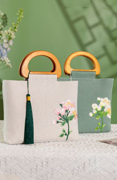 Green Beige Embroidered Linen Wooden Handle Handbag