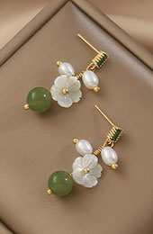 Silver Green Jade Pearl Drop Dangle Earrings