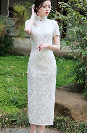 Beige Green Floral Lace Cheongsam / Qipao Dress