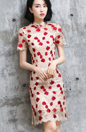 Embroidered Rose Midi Qipao / Cheongsam Dress