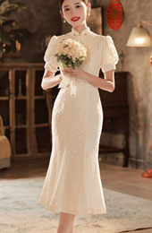 White Lace Fishtail Wedding Cheongsam / Qipao Dress with Puff Sleeve