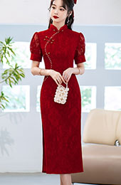 Burgundy Lace Mid Wedding Qipao / Cheongsam Dress