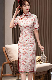 Floral Lace Beaded Mid Qipao / Cheongsam Dress