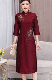 Dark Red Bridal Mothers Beaded Cheongsam Qi Pao Dress