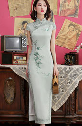 Green Embroidered Long Qipao / Cheongsam Dress with Lace Trim