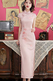 Pink Green Embroidered Maxi Qipao / Cheongsam Dress