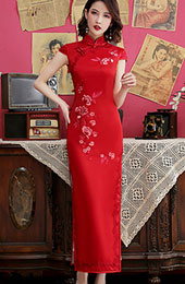 Red Embroidered Maxi Wedding Qipao / Cheongsam Dress