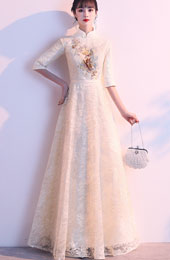 Champagne Embroidered Lace Floor Length Qipao / Cheongsam Dress