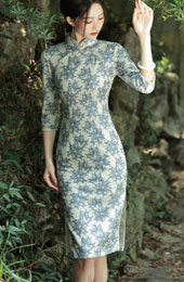 2022 Winter Blue Floral Lace Mid Cheongsam / Qipao Dress