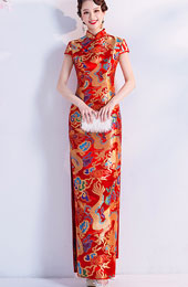 Yellow Red Jacquard Dragon Maxi Qipao / Cheongsam Dress