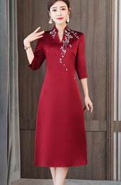 Burgundy Mothers Embroidered V-Neck Qipao / Cheongsam Dress