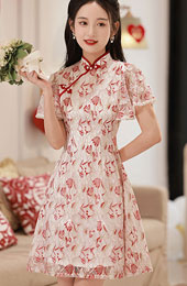 Floral Lace Flutter Sleeve A-line Qipao / Cheongsam Dress