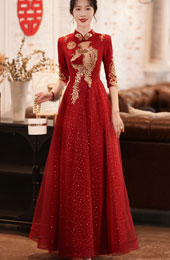 Burgundy A-Line Phoenix Qipao / Cheongsam Wedding Dress