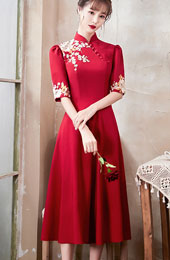 Embroidered Floral A-Line Tea Qipao / Cheongsam Wedding Dress