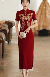Burgundy Beaded Tea Wedding Qipao / Cheongsam Dress