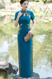 Blue Purple Sequined Maxi Qipao / Cheongsam Dress