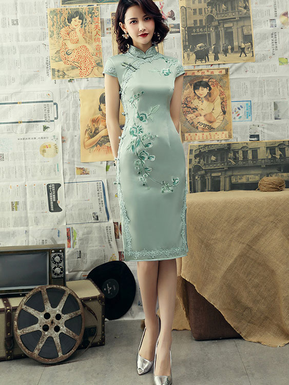 Embroidered Midi Modern Qipao / Cheongsam Party Dress