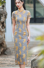 Gray Floral Lace Tea Cheongsam / Qipao Dress