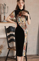 Color-block Velvet Mid Qipao / Cheongsam Dress