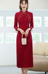 Burgundy Lace Wedding Qipao / Cheongsam Dress with Beads
