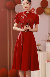 Burgundy A-Line Puff Sleeve Wedding Qipao / Cheongsam Dress