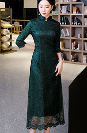 Dark Green Mothers Sequined A-Line Qipao / Cheongsam Dress