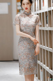 Illusion Gray Floral Lace Mid Qipao / Cheongsam Dress