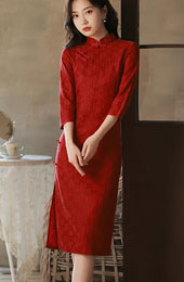 Red Lace Mid Wedding Cheongsam / Qipao Dress