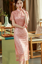 Pink Floral Lace Mid Cheongsam / Qipao Dress
