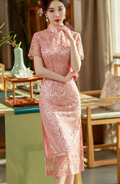 Pink Floral Lace Mid Cheongsam / Qipao Dress