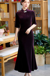 Purple Velvet Fishtail Cheongsam / Qipao Dress