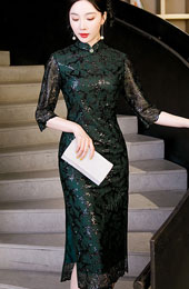 Green Sequined Lace Mothers Cheongsam / Qipao Dress