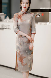 Gray Floral Mothers Winter Cheongsam / Qipao Dress