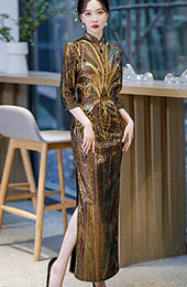 Gold Sequined Velvet Winter Cheongsam / Qipao Dress