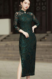 Green Black Floral Velvet Maxi Cheongsam / Qipao Dress