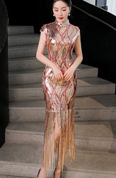 Pink Stripe Sequined Qipao / Cheongsam Dress with Tassels Hem