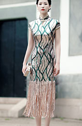 Green Stripe Sequined Qipao / Cheongsam Dress with Tassels Hem