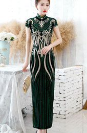 Green Sequined Velvet Full Cheongsam / Qipao Dress