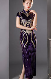 Purple Red Sequined Velvet Full Cheongsam / Qipao Dress
