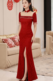 Red Lace Thigh Split Wedding Qipao / Cheongsam Dress