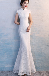 White Lace Long Qipao / Cheongsam Wedding Dress