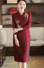 Red Bridal Mothers V-neck Winter Qipao / Cheongsam Dress